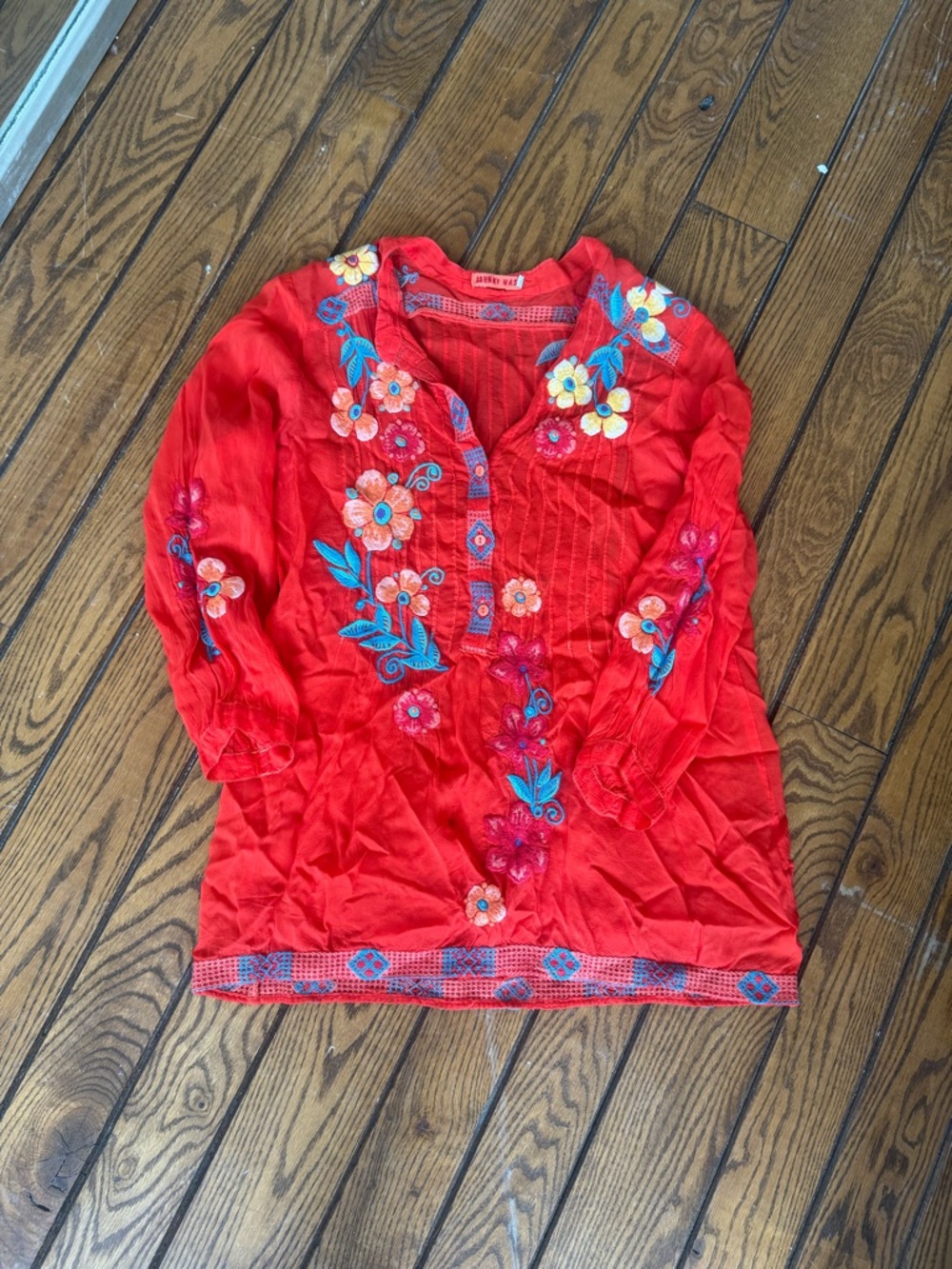Johnny Was Red Embroidered Floral Tunic Top